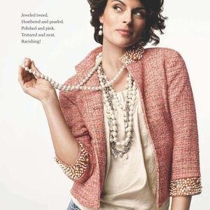 Chico’s Coral Boucle Jacket with Pearl Trim